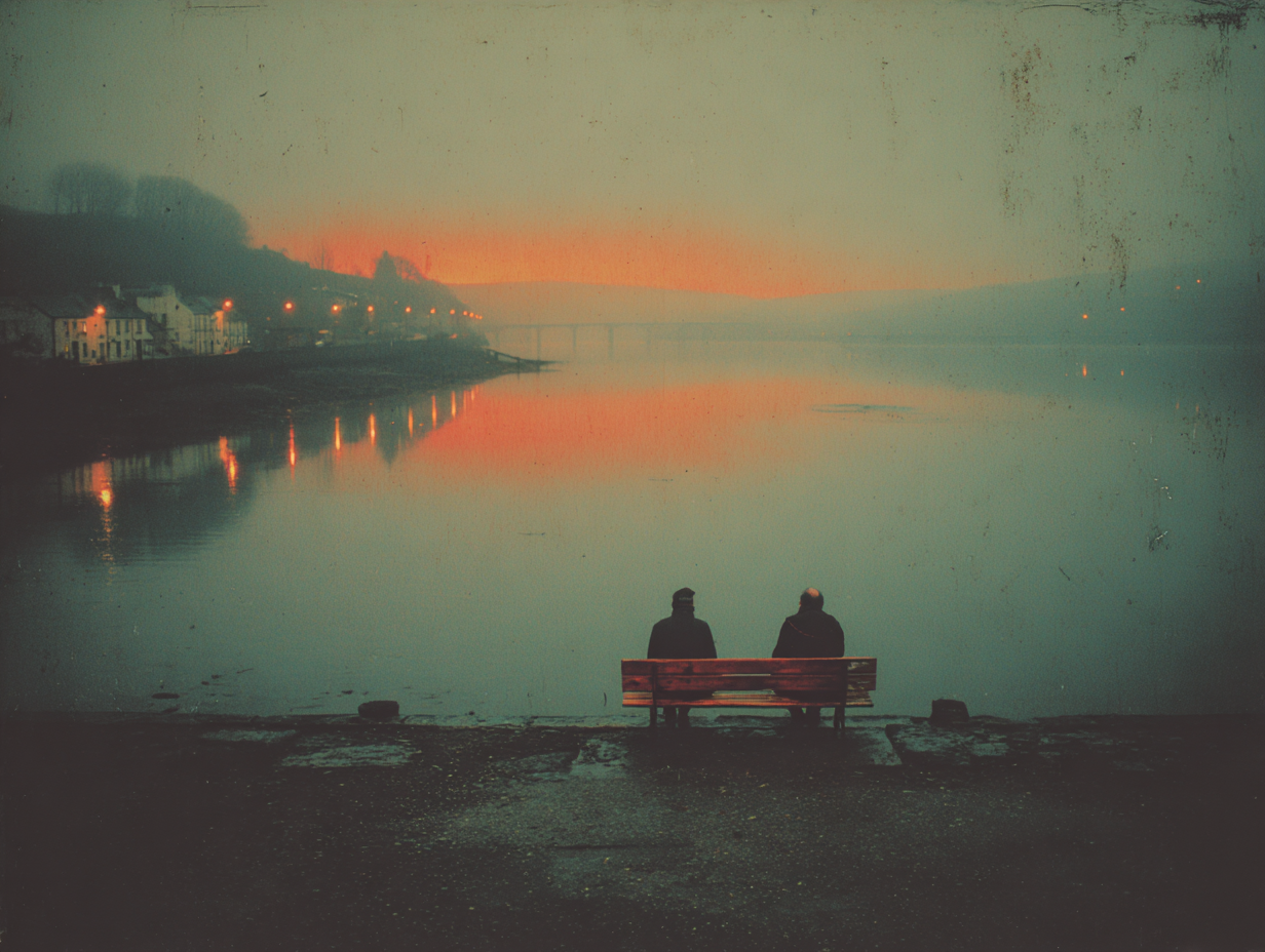 Two figures sit on a bench, looking out at clear waters and an orange sun